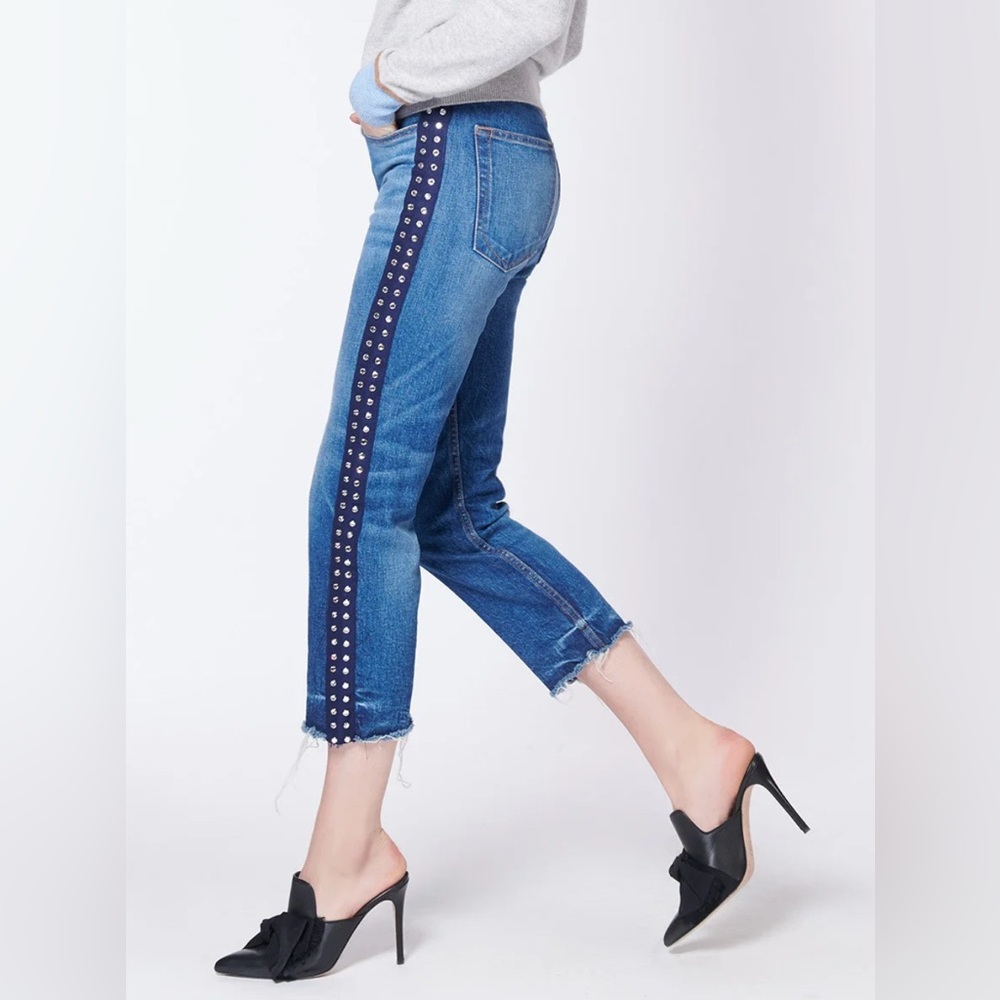 Veronica Beard Ines High Rise Jeans with Studded Side Stripe and Raw Hem Sz 26